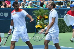 Nenad Zimonjić and Julien Benneteau celebrate a point during their win over Mardy Fish and Radek Stepanek in the Washington final. Photo by Mariya Konovalova.