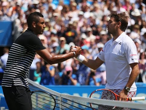 Simpler times: Kyrgios & Wawrinka shake hands at the Queens Club.
